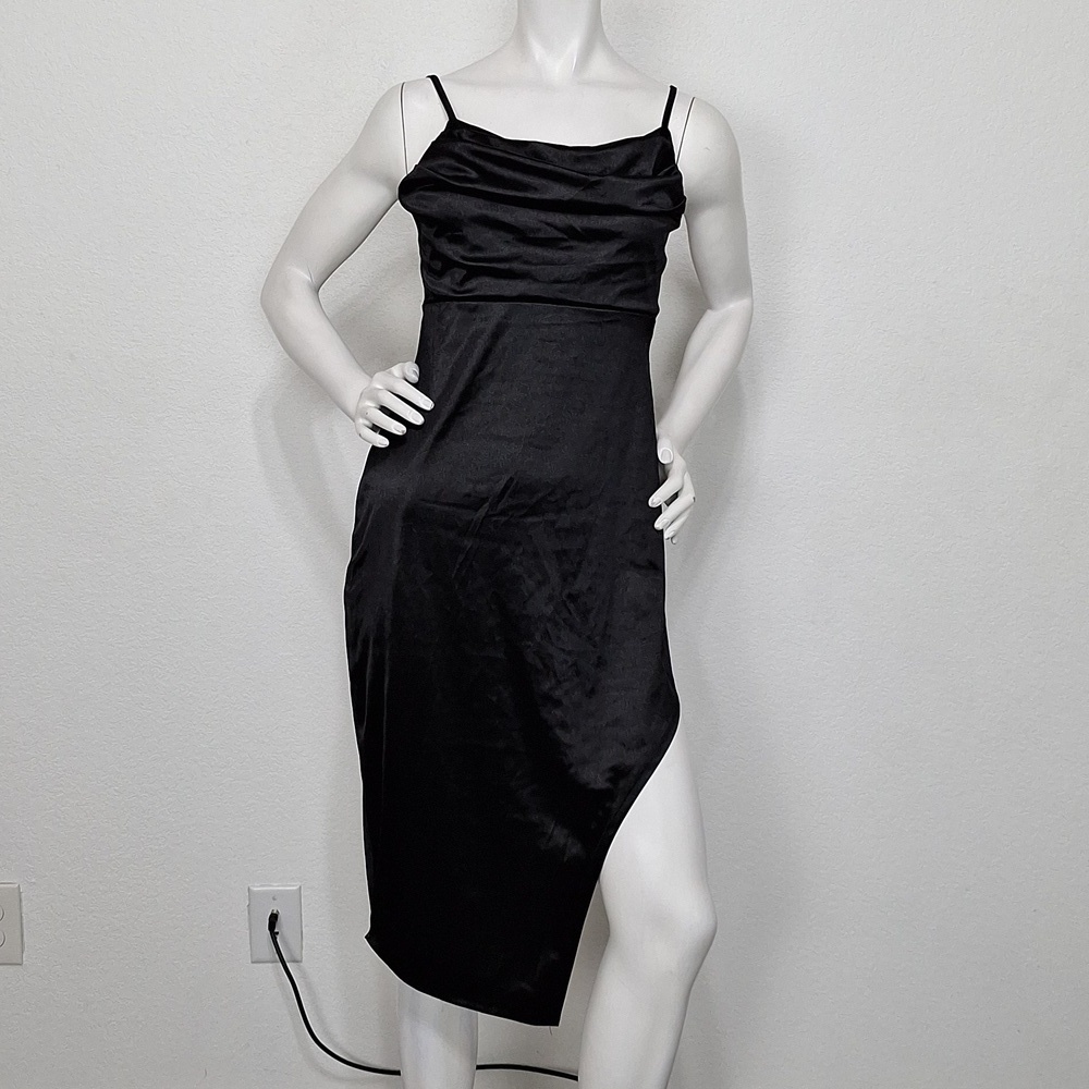 Madden NYC Black Satin Romantic Witchy Whimsigoth Ruched Side Slit Midi Dress- L